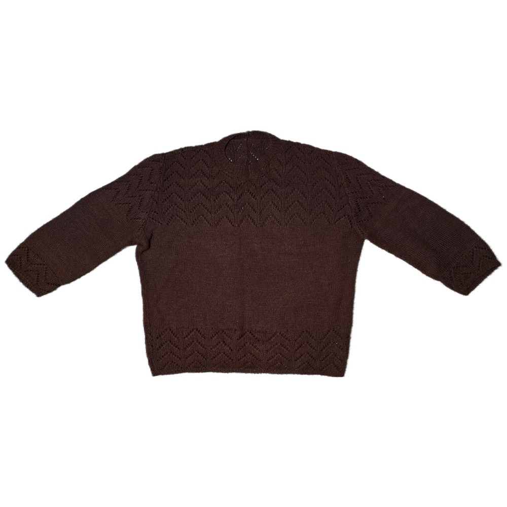 Vintage Brown Knit Sweater Women Chevron‎ Lace handmade Sleeve Button Back (AD)